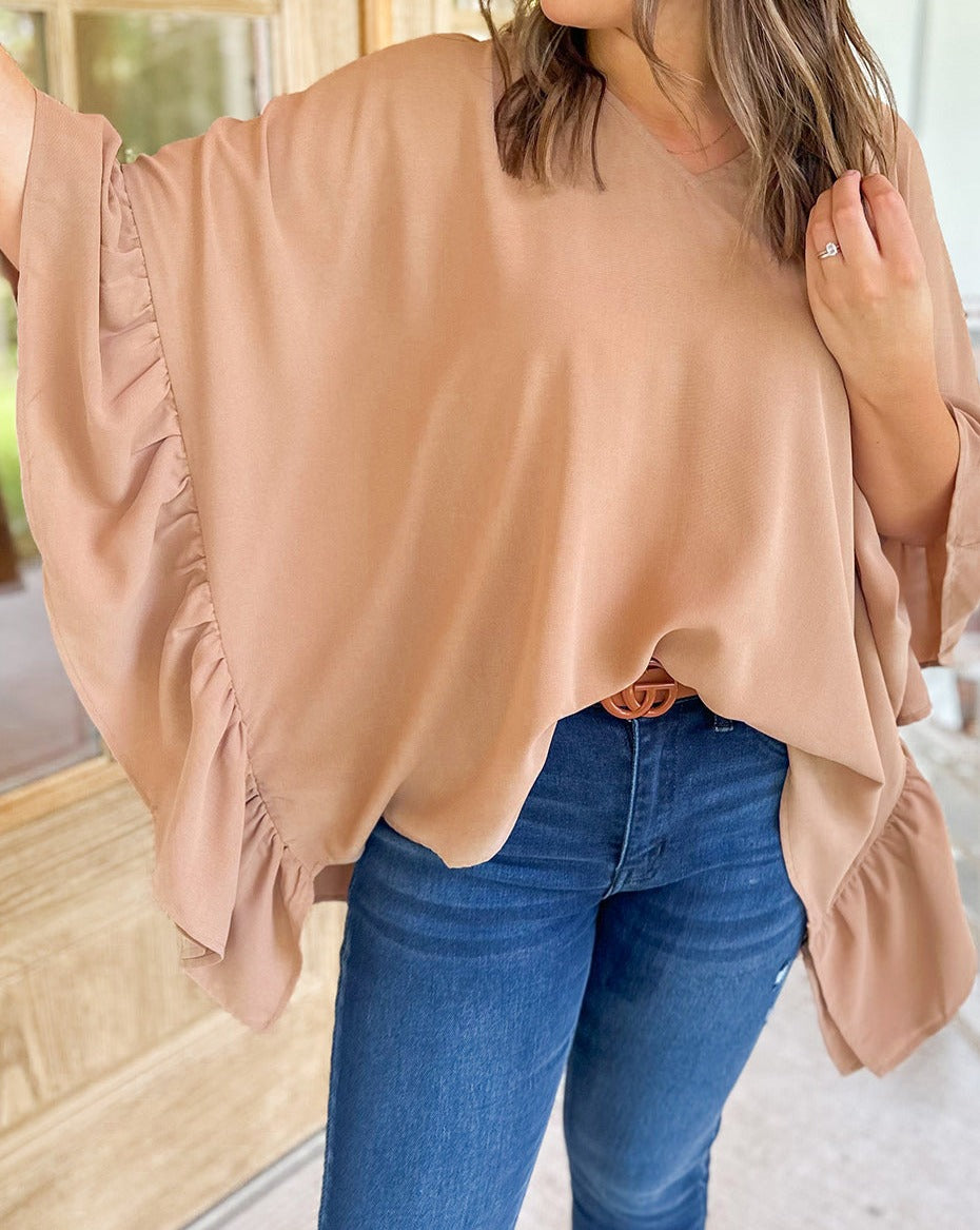 Ruffle Batwing Sleeve V-Neck Blouse Plus Size