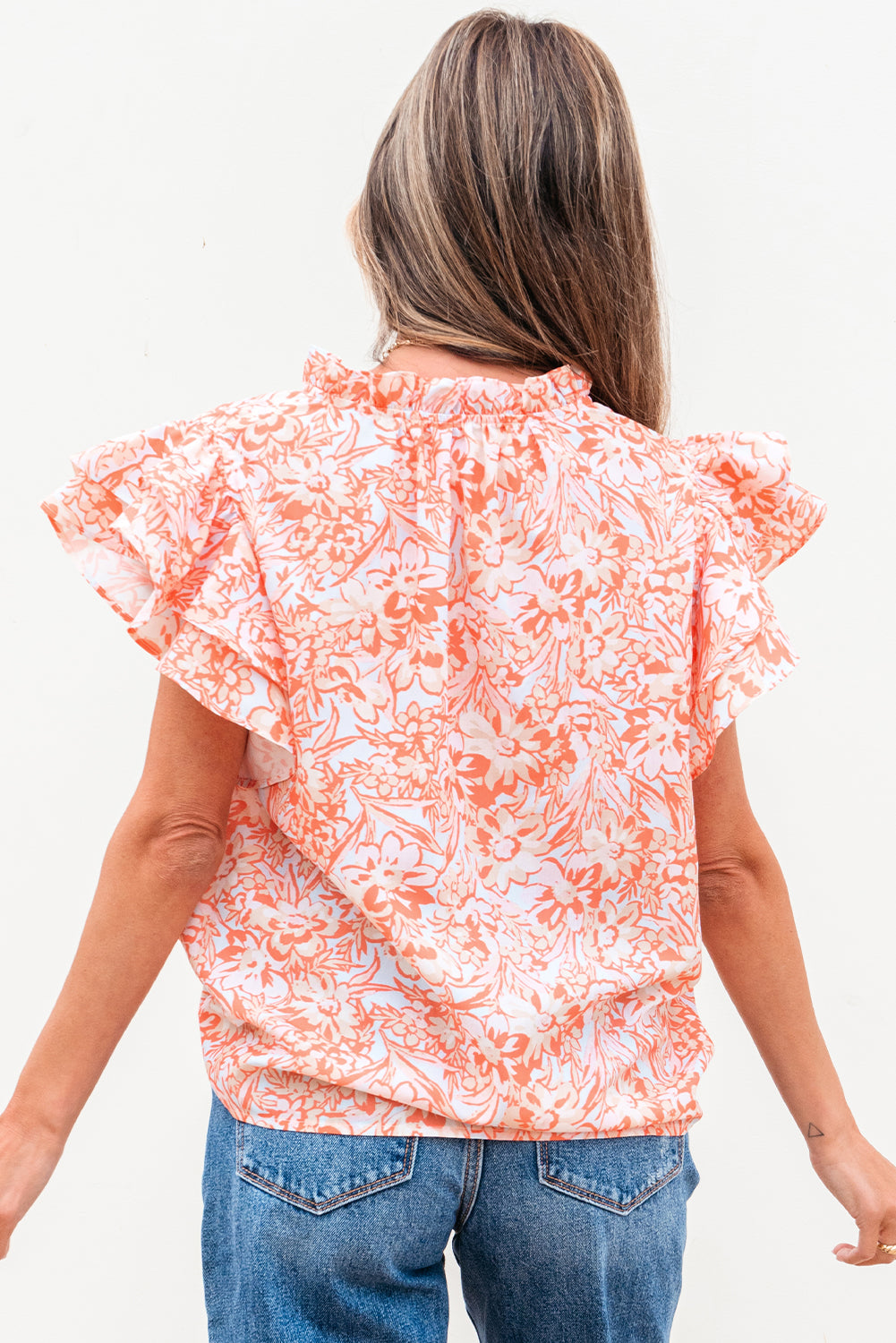Floral Ruffle Sleeve Split Neck Blouse