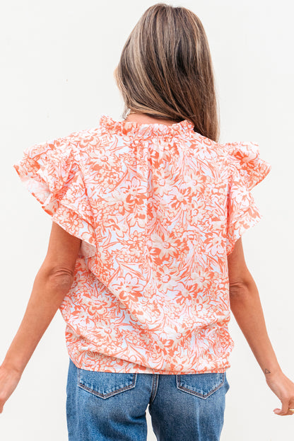 Floral Ruffle Sleeve Split Neck Blouse