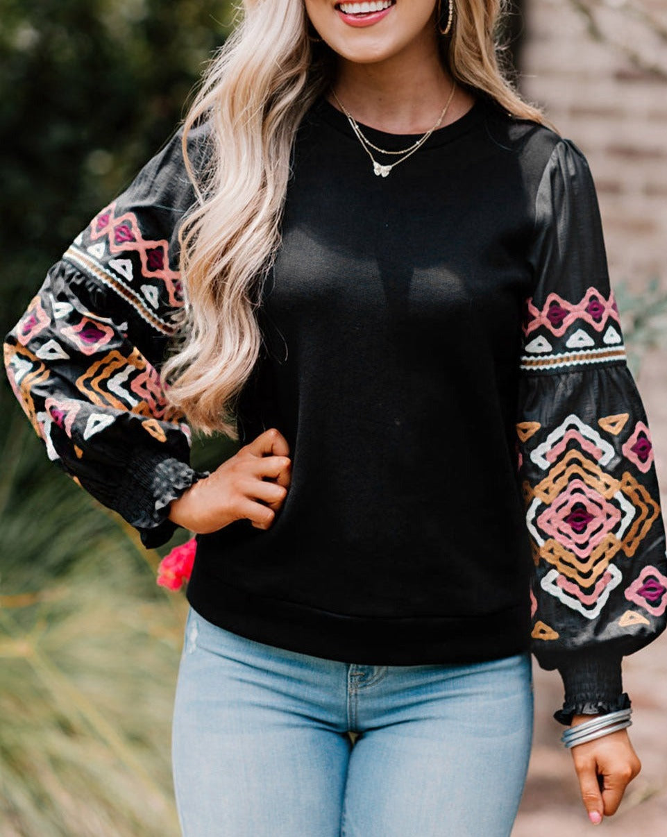 Geometric Long Puff Sleeve Blouse