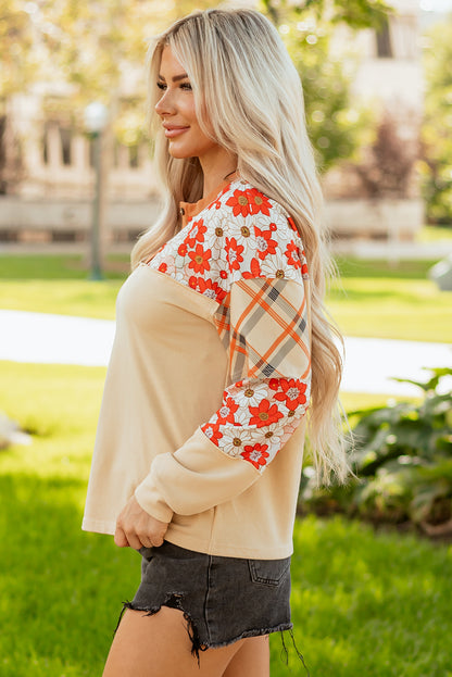 Floral Plaid Patchwork Long Sleeve Henley Top
