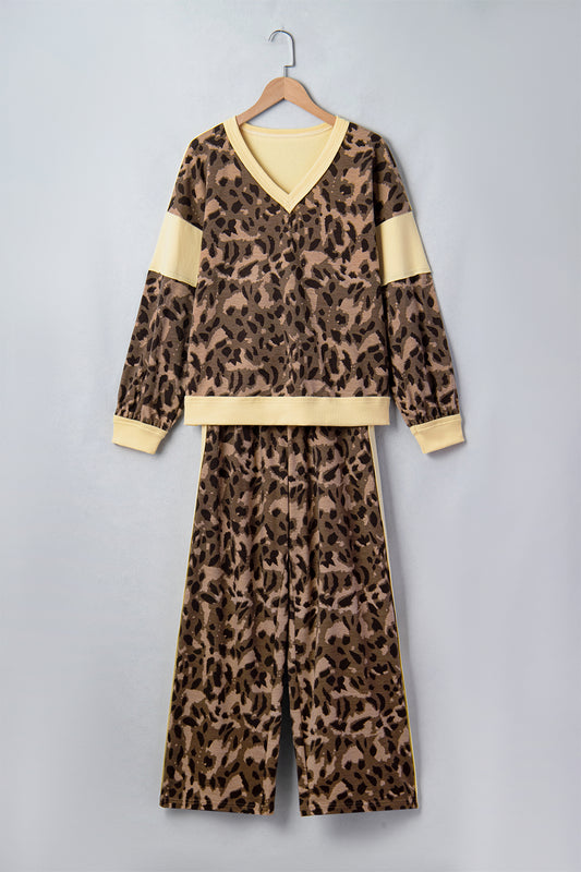 Leopard Colorblock Top & Wide Leg Pants Set