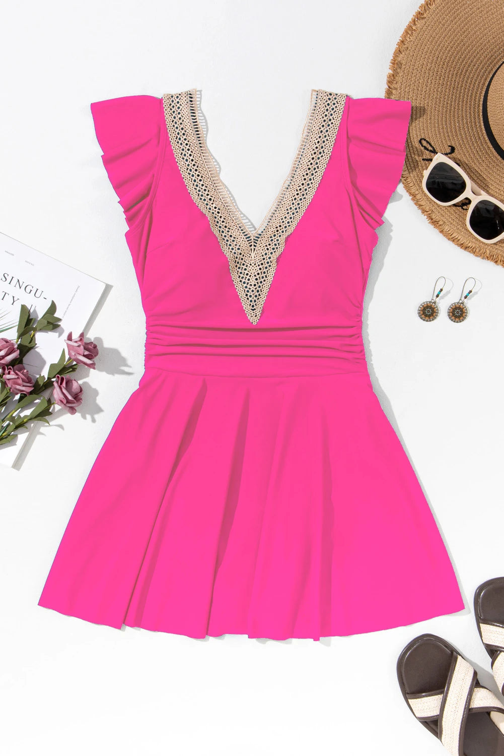 Ruffle Lace Trim V-Neck Short Sleeve Swim Dress