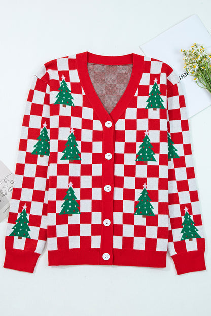 Checker Christmas Tree Buttoned V-Neck Cardigan Sweater