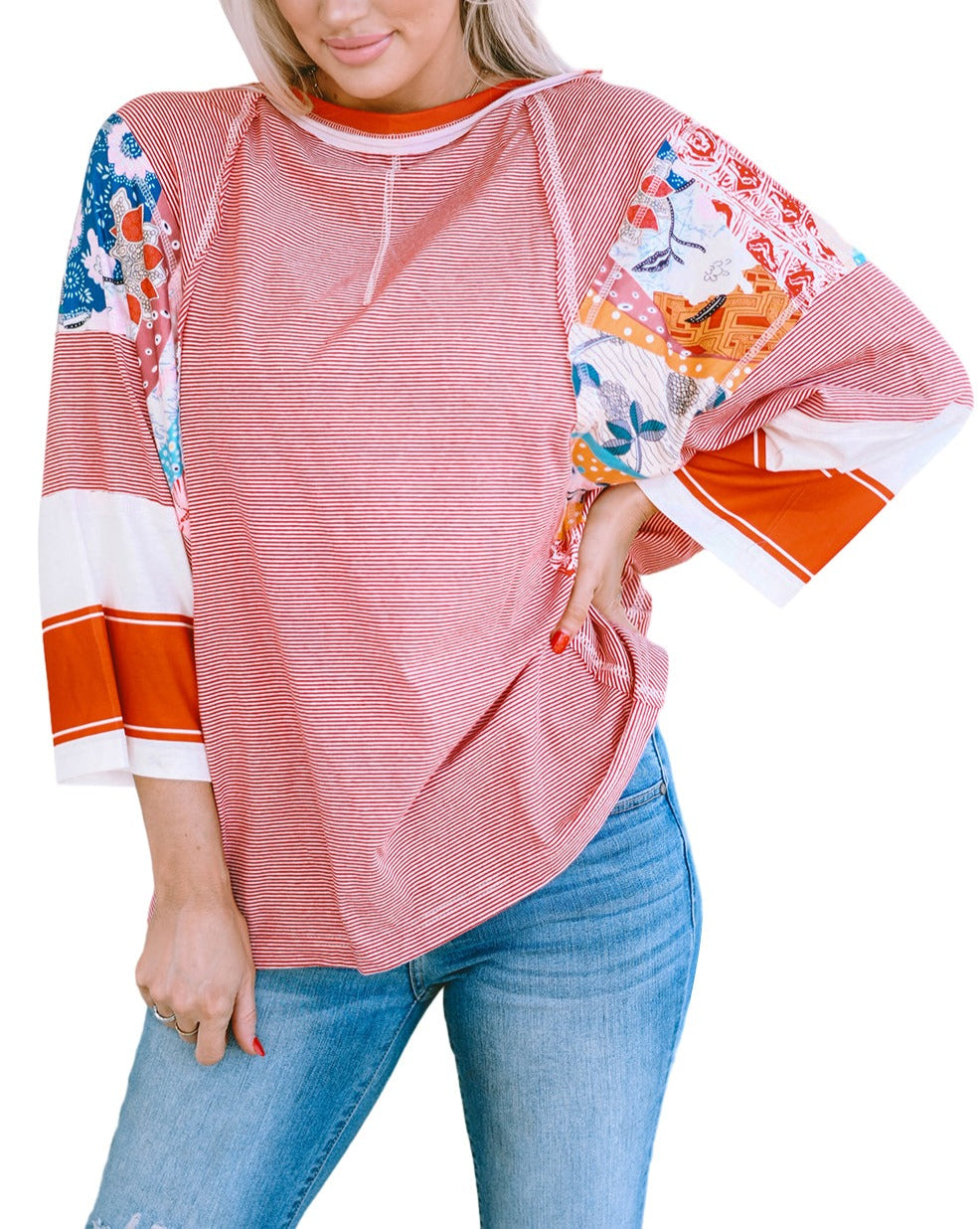 Floral Stripe Colorblock 3/4 Sleeve Oversized