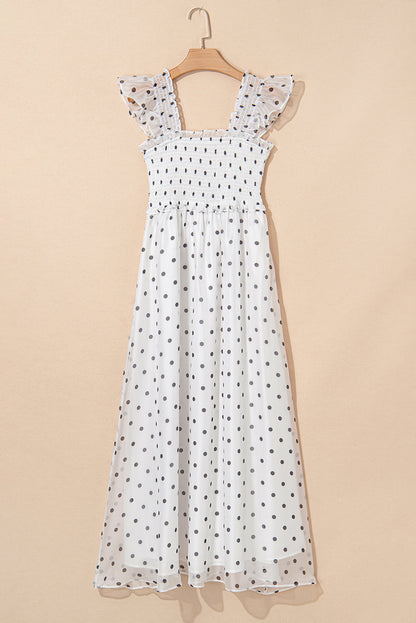 Polka Dot Flutter Sleeve Smocked Maxi Dress