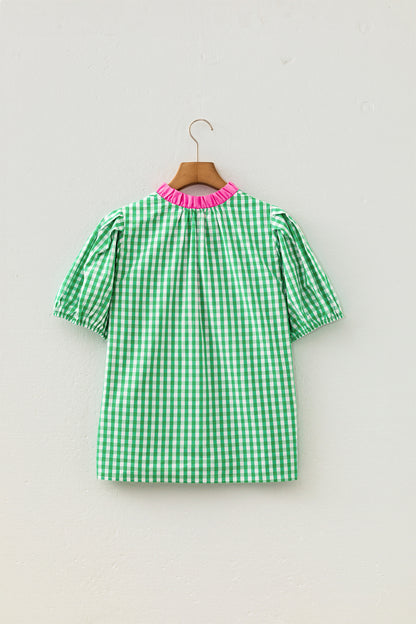 Gingham Bubble Sleeve Colorblock Trim V-Neck Blouse