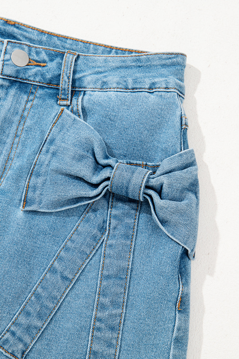 Acid Wash Denim Bow Pocket High Waist Skirt