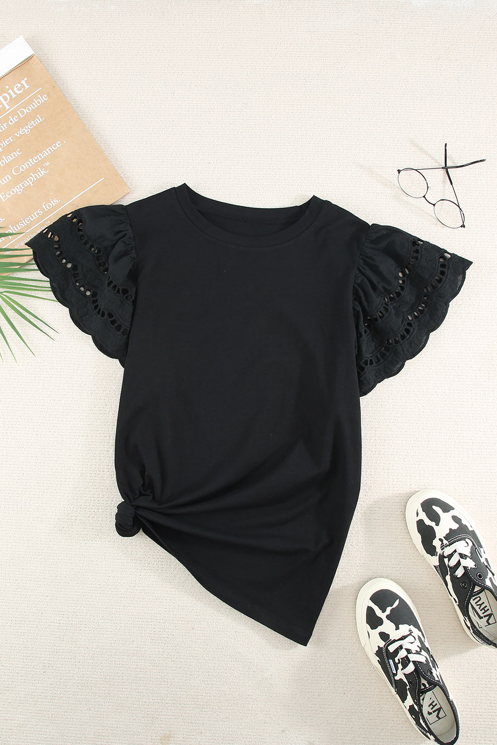 Eyelet Ruffle Short Sleeve T-Shirt