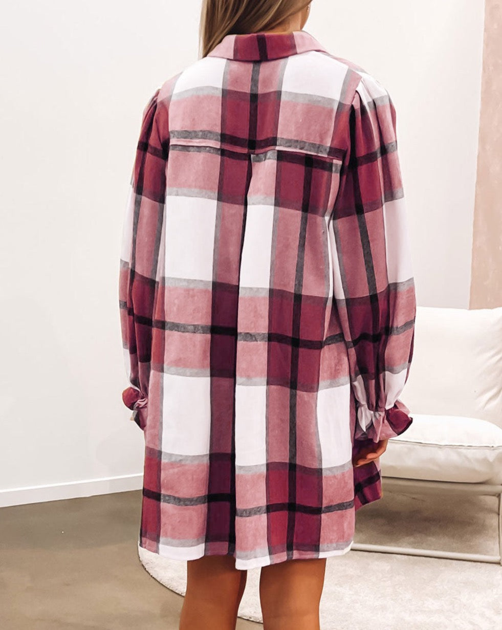 Plaid Puff Sleeve Shirt Dress