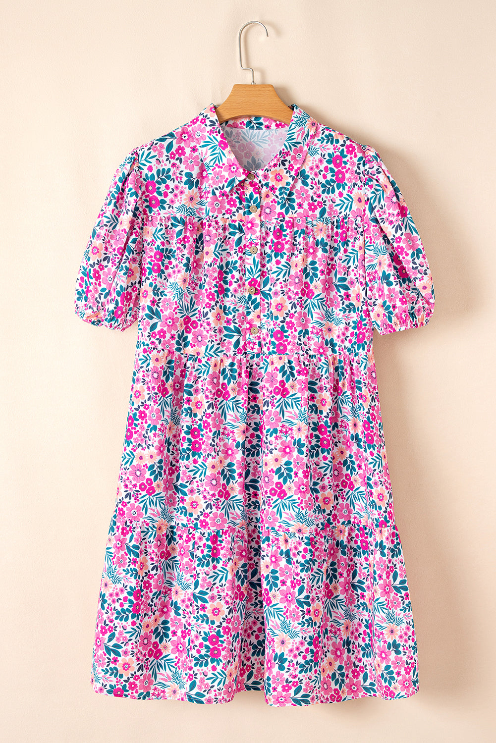 Plus Size Floral Half-Button Puff Sleeve Dress
