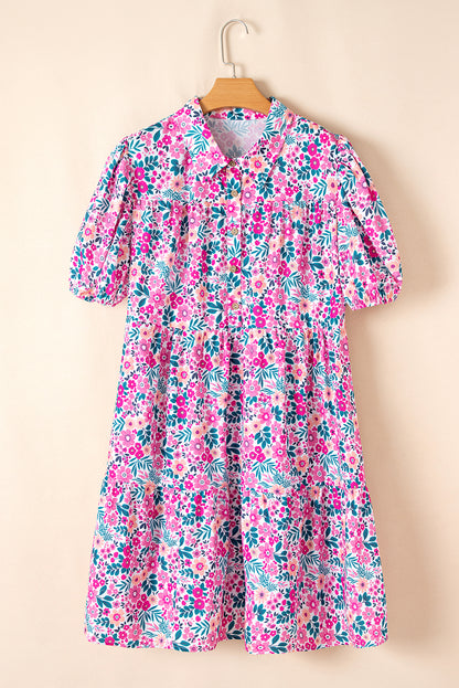 Plus Size Floral Half-Button Puff Sleeve Dress