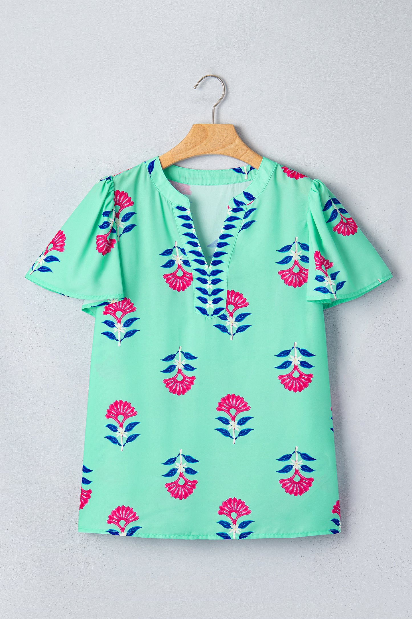 Floral Flutter Short Sleeve V-Neck Blouse