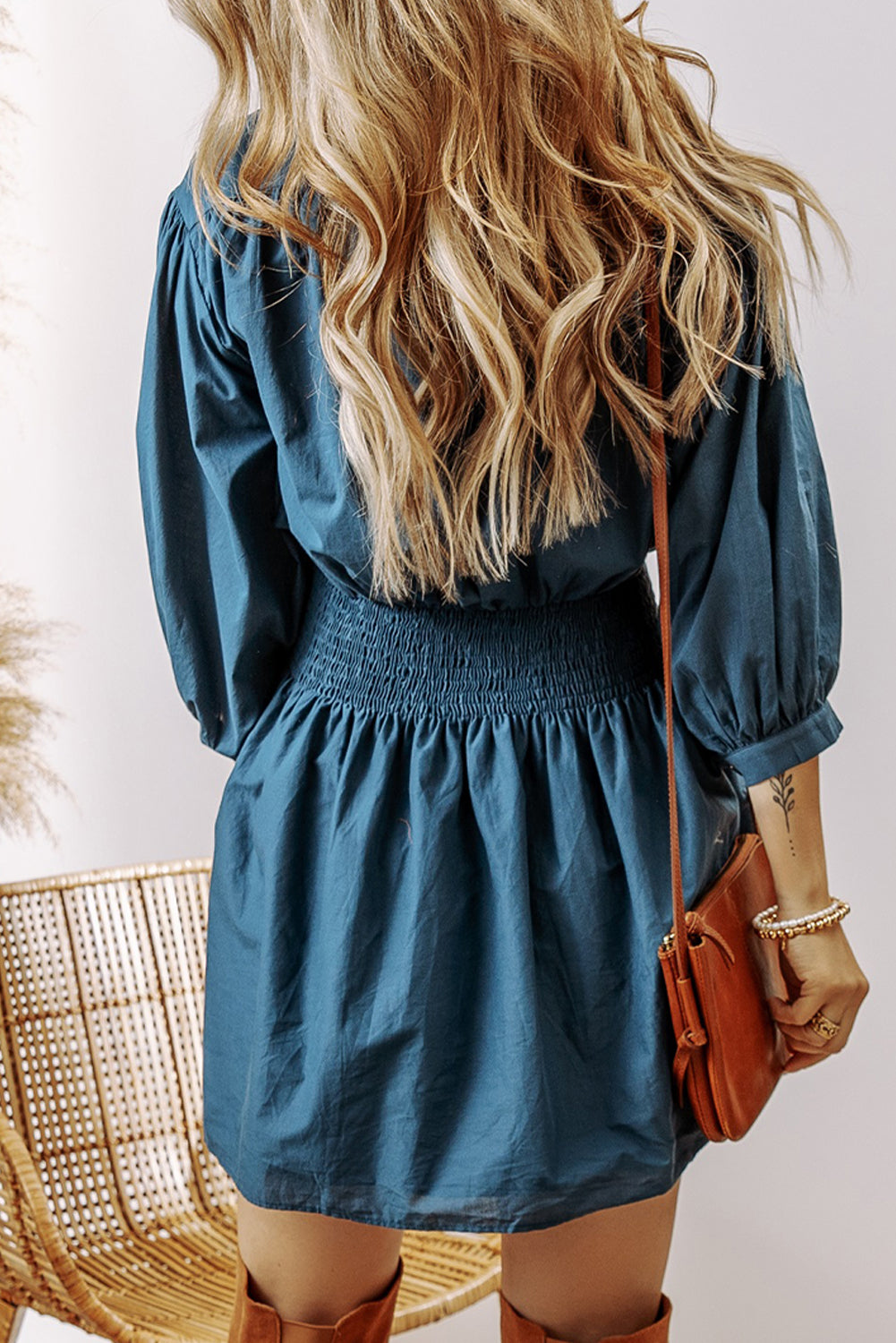 Solid 3/4 Sleeve High Waist Mini Dress