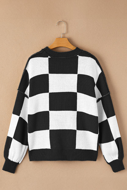 Checker Exposed Seam Drop Shoulder Long Sleeve Sweater