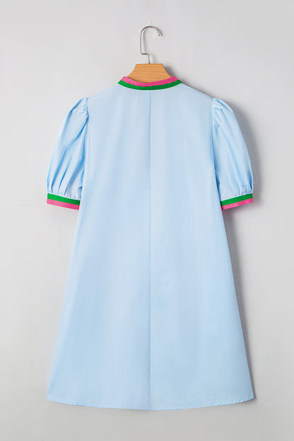 Colorblock Contrast Stripe V-Neck Puff Sleeve Mini Dress