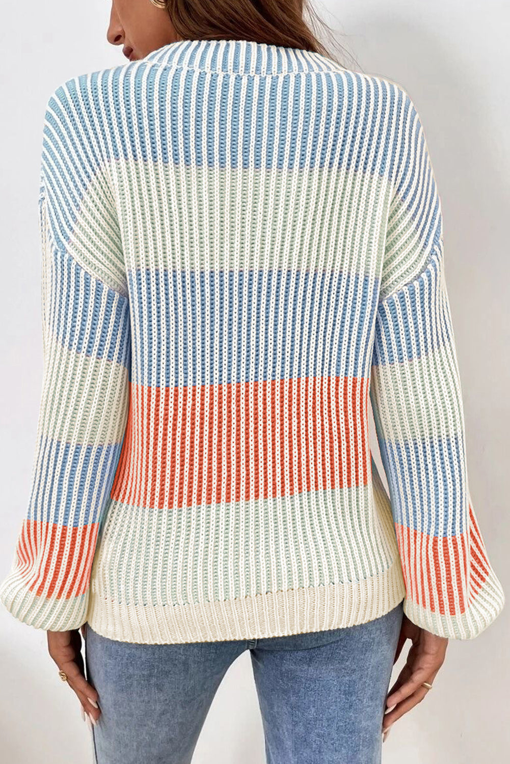 Colorblock Stripe Bubble Sleeve Sweater