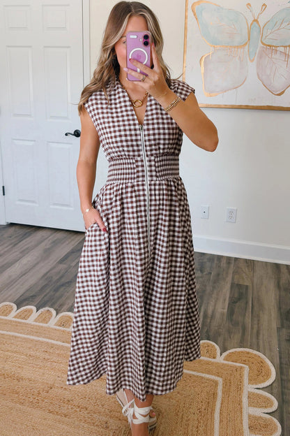 Gingham Plaid Zipped Cinched Waist Maxi Dress