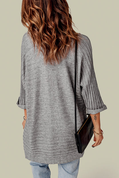 Ribbed 3/4 Sleeve Open Front Cardigan