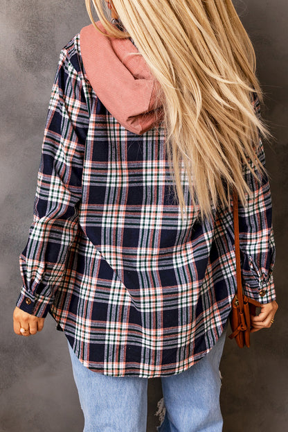 Plaid Contrasting Hood Pocketed Shacket