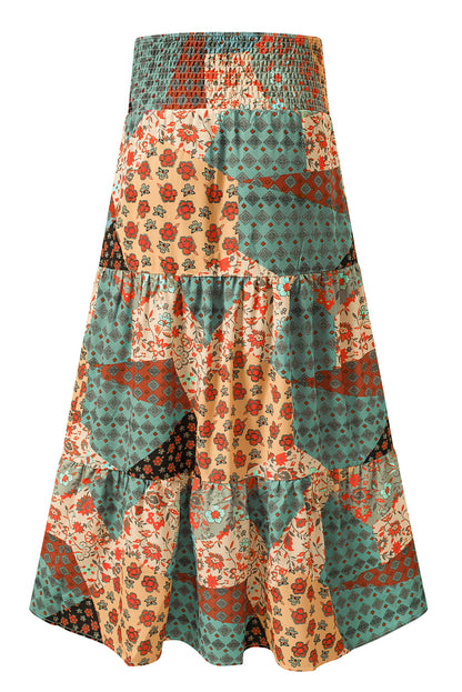 Boho Floral Patchwork Smocked Waist Maxi Skirt