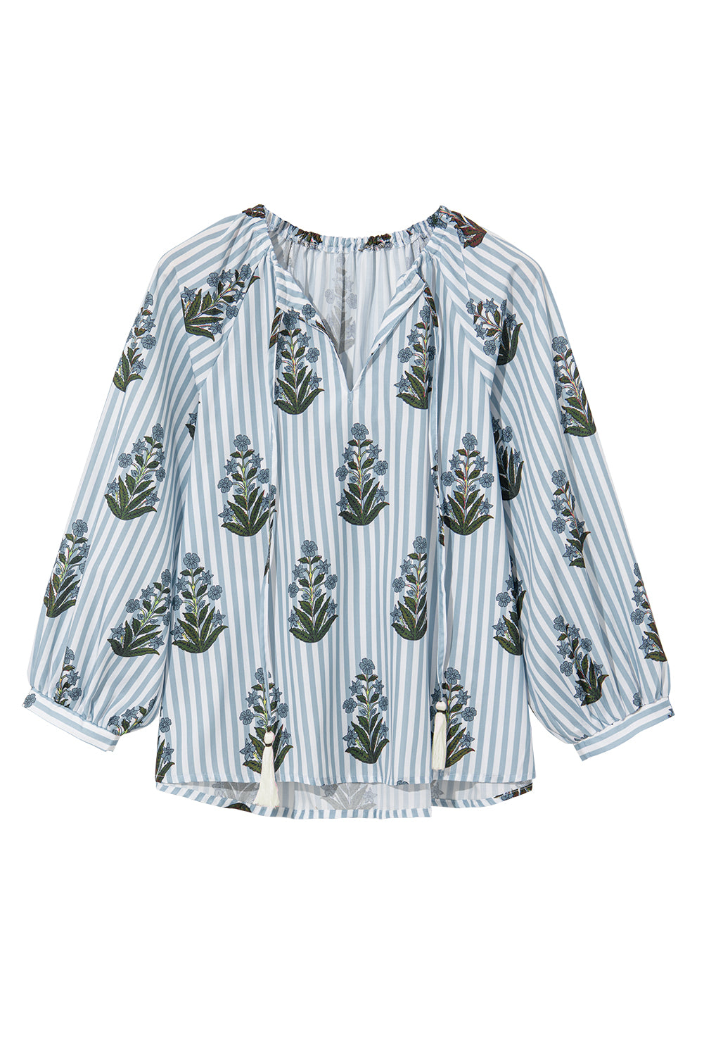 Stripe Floral Long Sleeve V-Neck Blouse