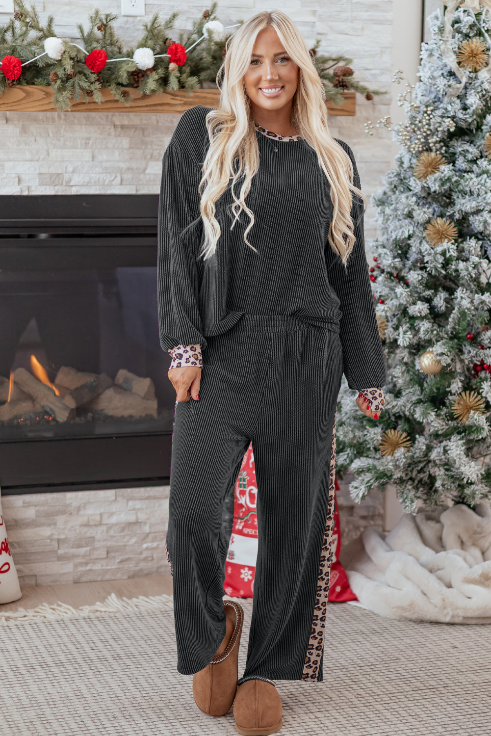 Carbon Grey Twisted Rib Texture Leopard Patchwork Detail 2pcs Pant Set
