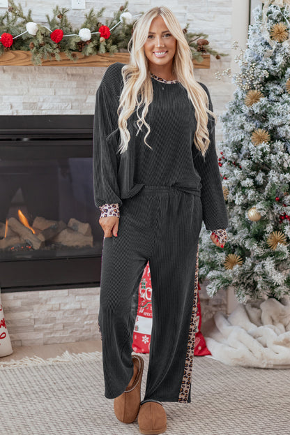 Carbon Grey Twisted Rib Texture Leopard Patchwork Detail 2pcs Pant Set