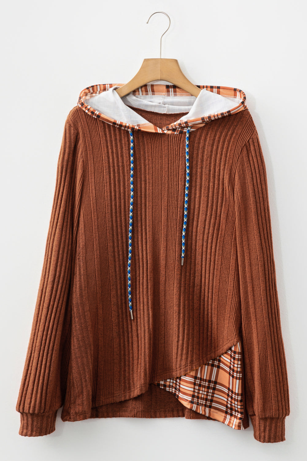 Plaid Patchwork Ribbed Knit Drawstring Hooded Top