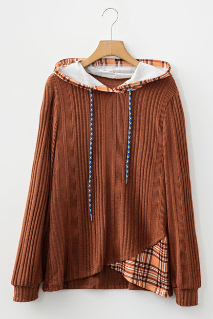 Plaid Patchwork Ribbed Knit Drawstring Hooded Top