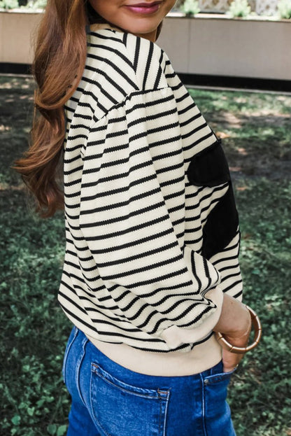 Stripe Floral Patched 3/4 Sleeve Top