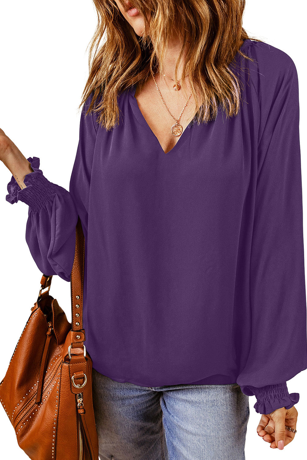 Pleated Puff Sleeve V-Neck Blouse