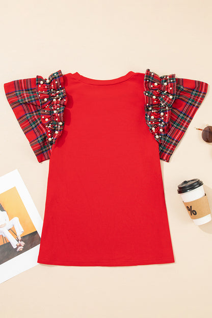 Plaid Pearl Ruffle Short Sleeve Loose T-Shirt
