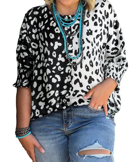 Leopard Colorblock Short Sleeve Blouse Plus Size