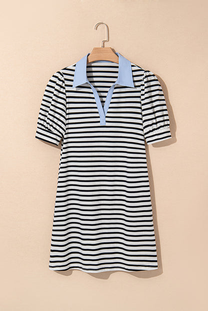 Stripe Patchwork V-Neck Collared Mini Dress