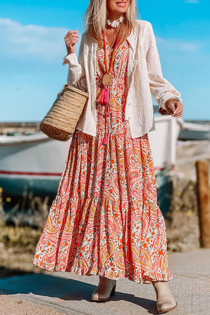 Paisley Long Sleeve Tiered Maxi Dress