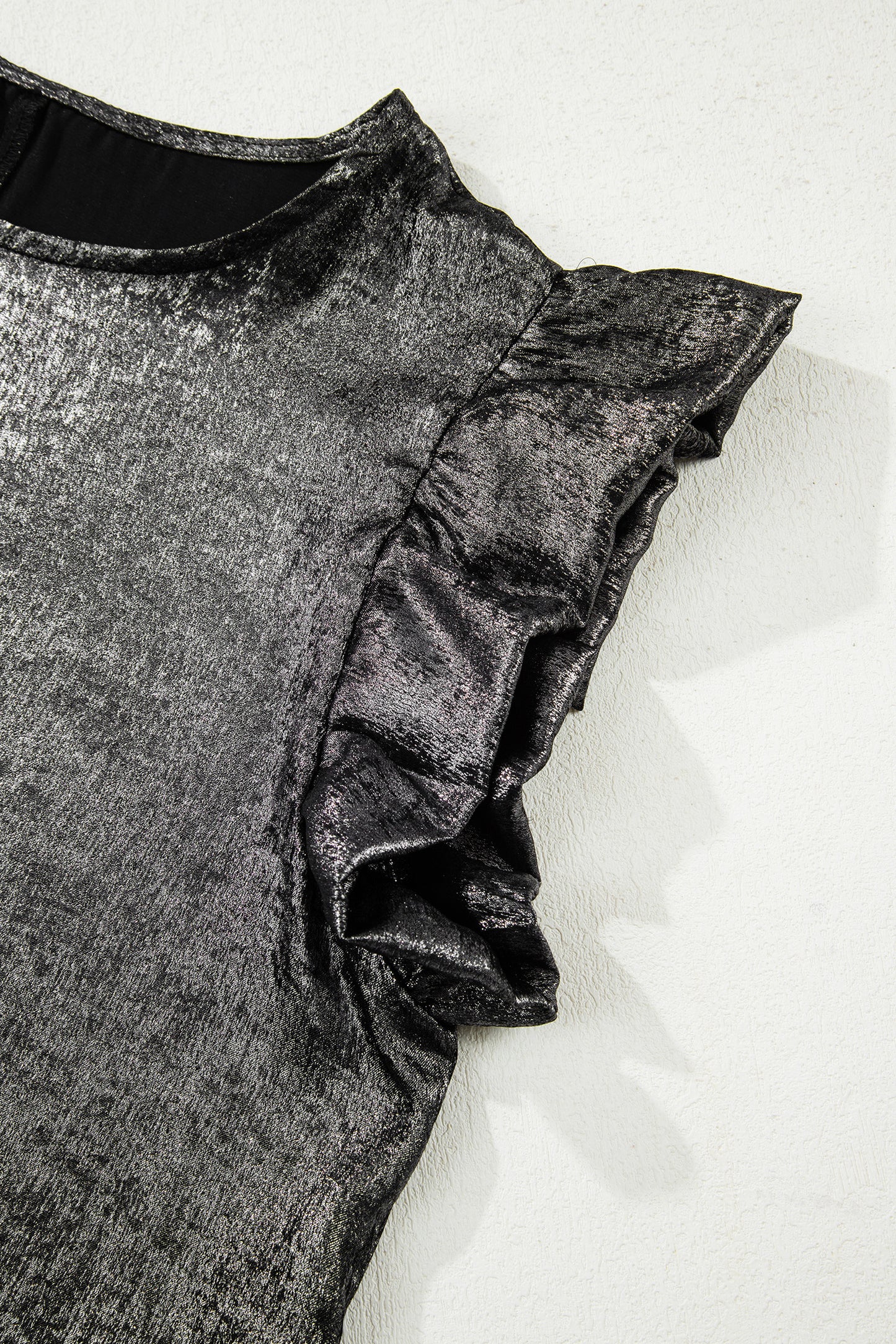 Metallic Ruffle Trim Sleeveless Round Neck Top