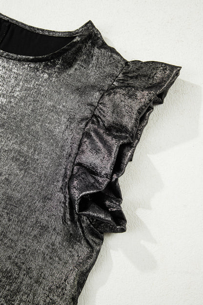 Metallic Ruffle Trim Sleeveless Round Neck Top