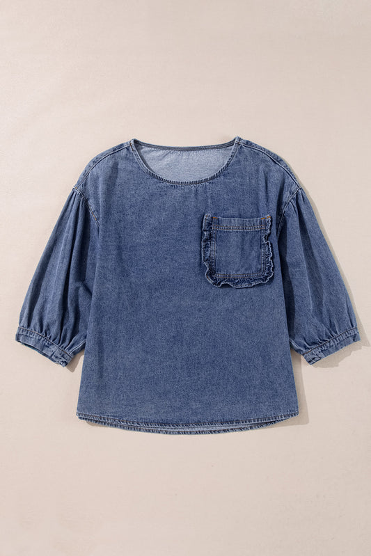 Denim 3/4 Sleeve Ruffle Patch Pocket Blouse