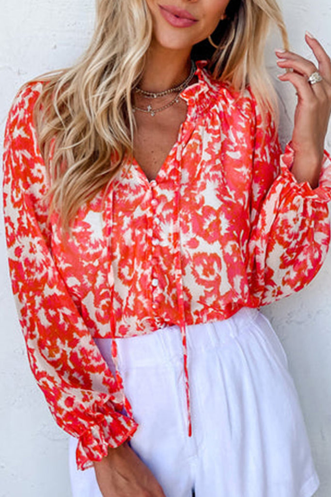 Abstract Floral Ruffle V-Neck Blouse