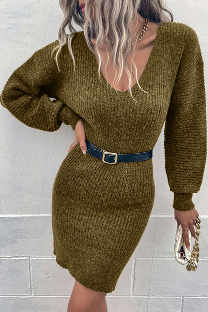 Solid Bodycon V-Neck Sweater Dress