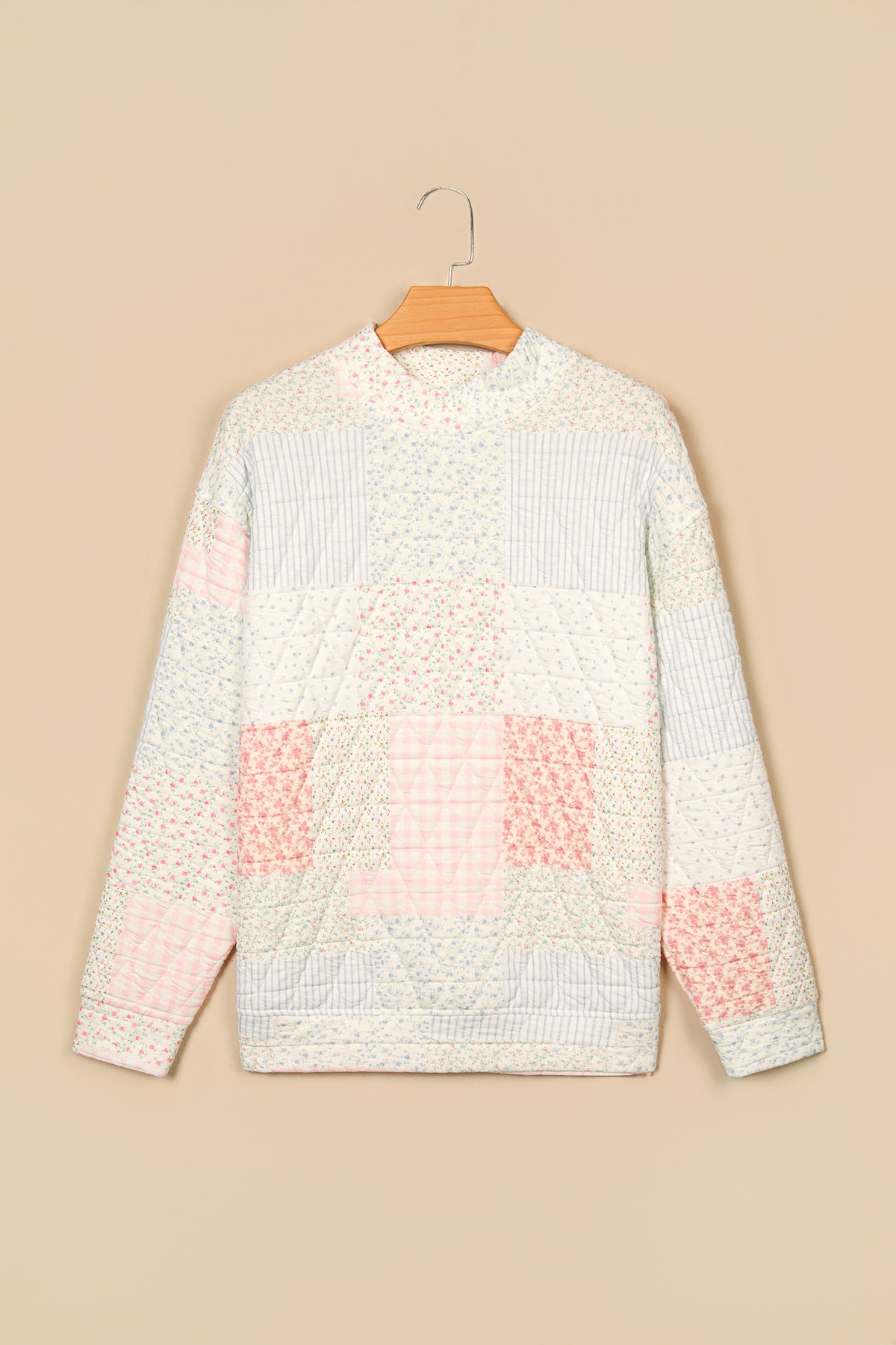 Floral Patchwork Quilted Mock Neck Long Sleeve Top