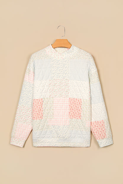 Floral Patchwork Quilted Mock Neck Long Sleeve Top