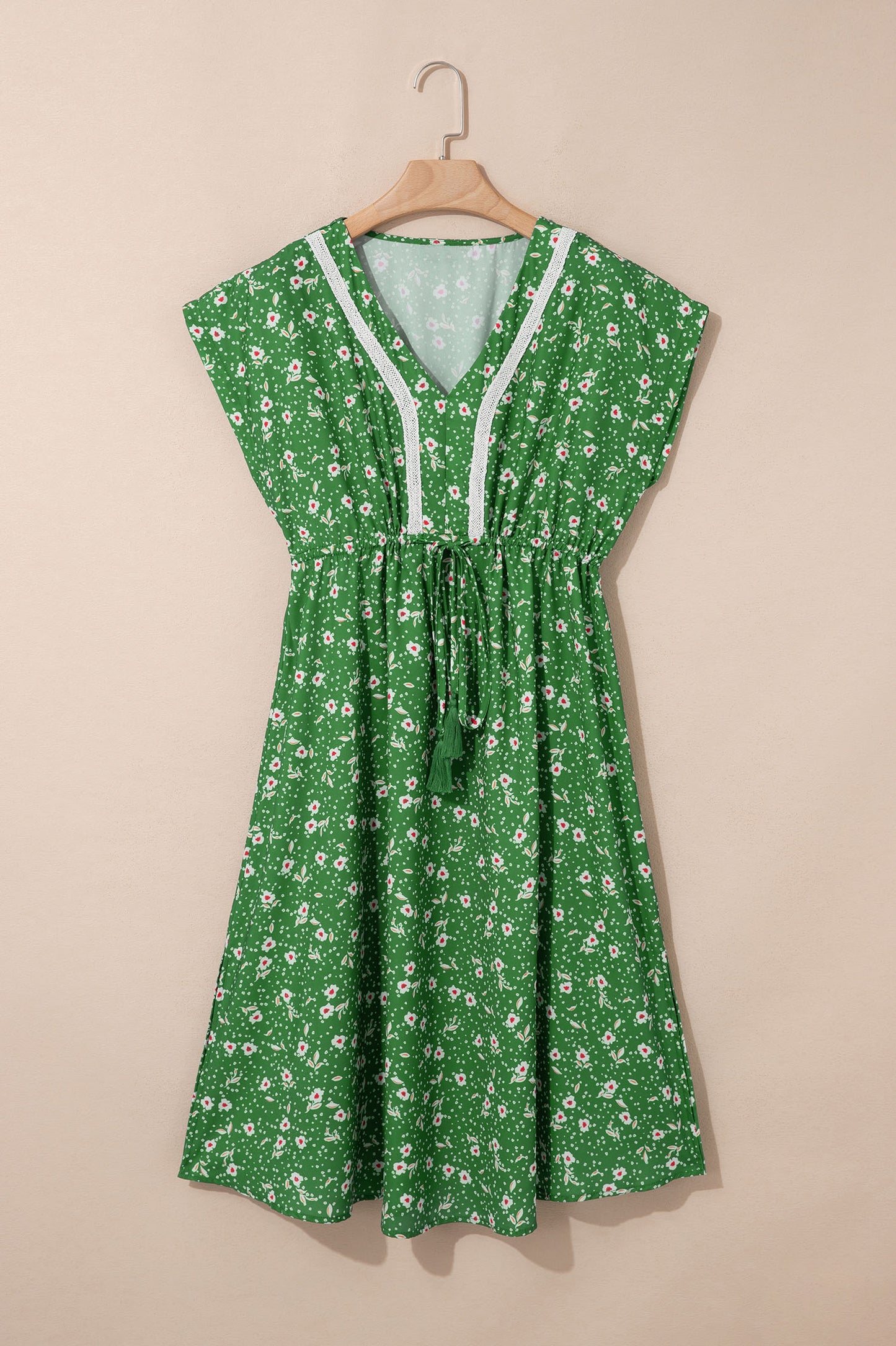 Floral Embroidered Trim V-Neck Drawstring Waist Dress