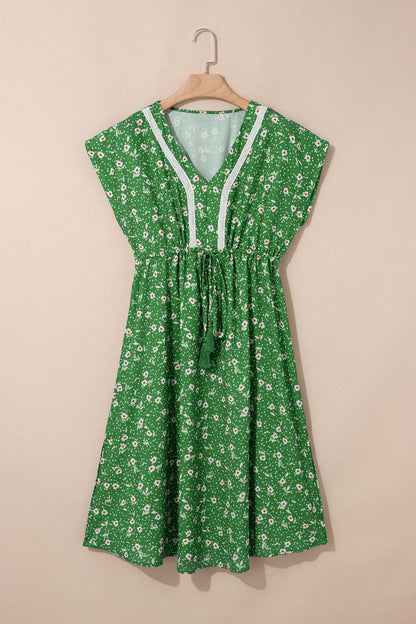 Floral Embroidered Trim V-Neck Drawstring Waist Dress