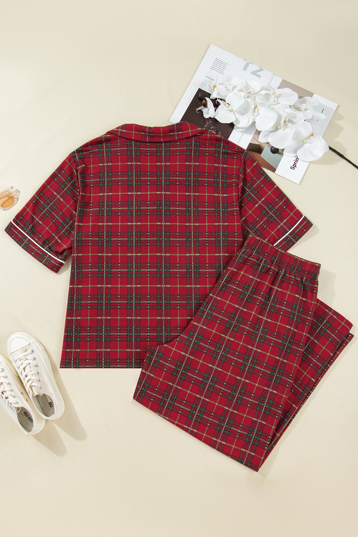 Plus Size Christmas Plaid Shirt and Pants Pajama Set