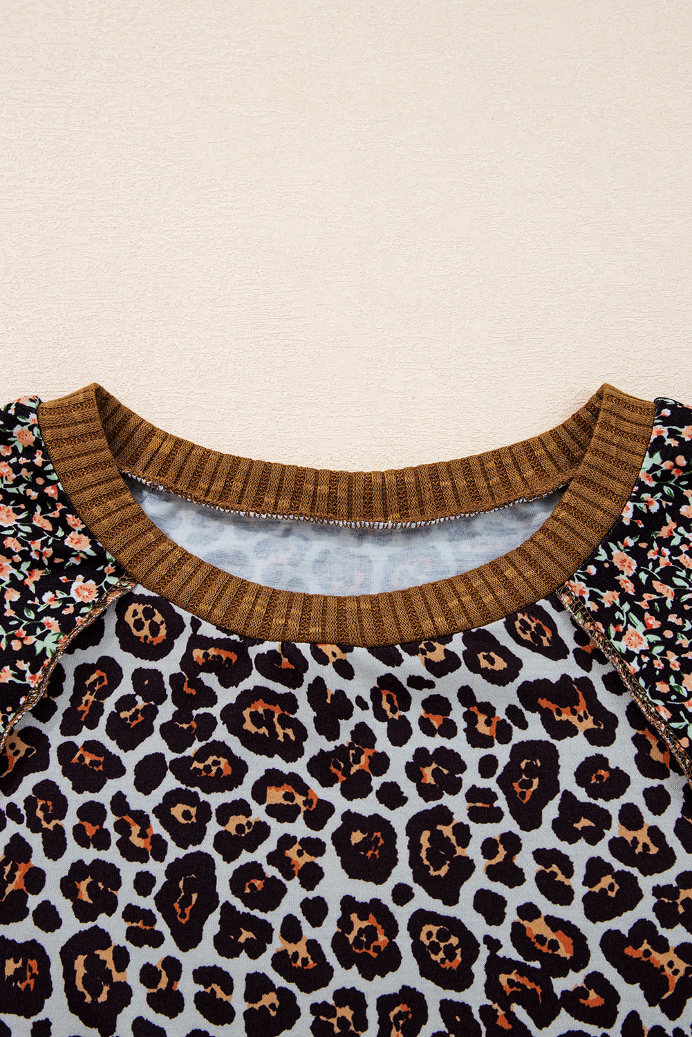 Leopard Floral Patchwork Ribbed Puff Sleeve Top