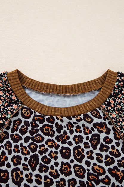 Leopard Floral Patchwork Ribbed Puff Sleeve Top