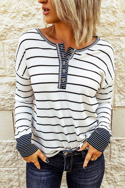 Stripe Waffle Buttoned Henley Shirt