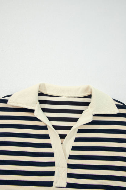 Stripe Collared V-Neck Long Sleeve Top